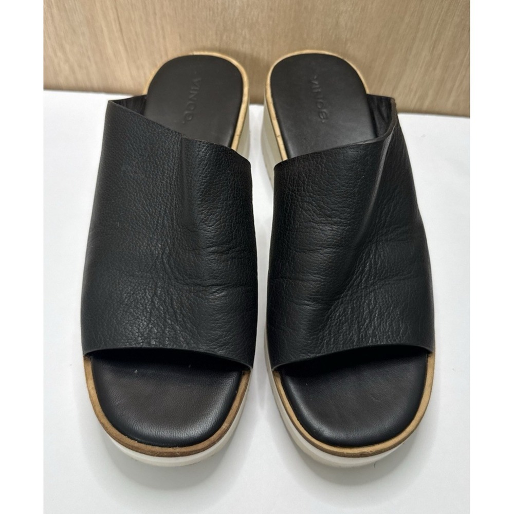 Vince Women's Sarria Black Leather Wedge Slide Sandal Size 7M EU 37